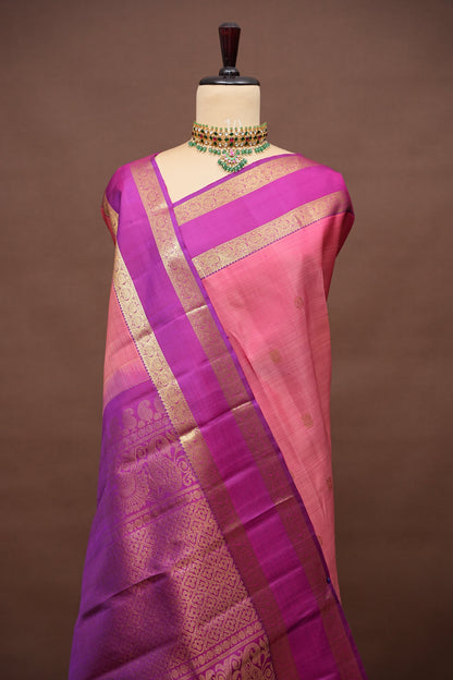 Pure Kanchipuram Silk Saree with Rich Zari Border - Peach & Magenta