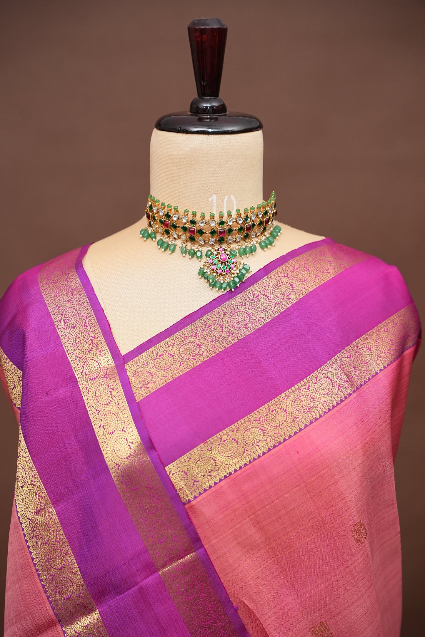 Pure Kanchipuram Silk Saree with Rich Zari Border - Peach & Magenta