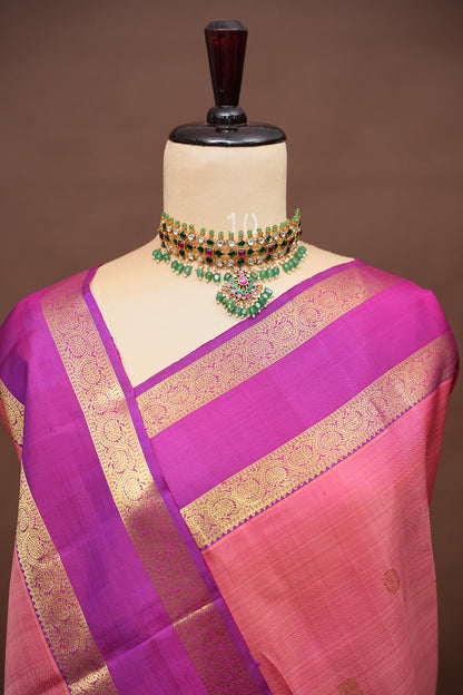 Pure Kanchipuram Silk Saree with Rich Zari Border - Peach & Magenta