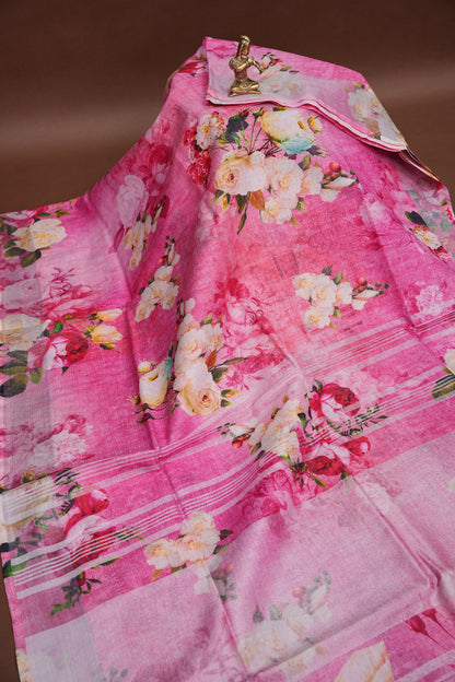 Digital Printed Pure Linen Saree - Pink