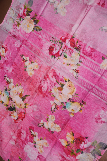 Digital Printed Pure Linen Saree - Pink