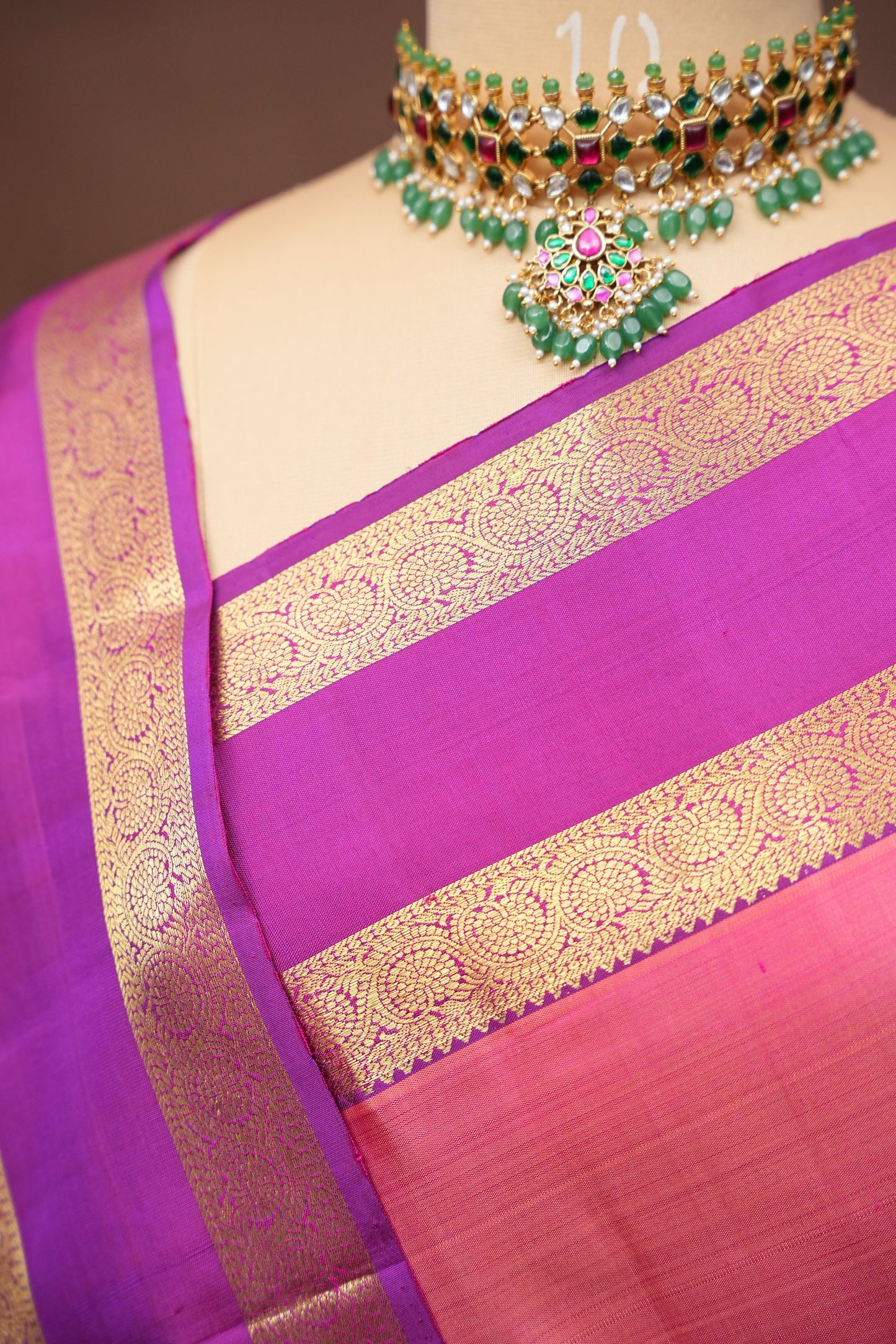 Pure Kanchipuram Silk Saree with Rich Zari Border - Peach & Magenta
