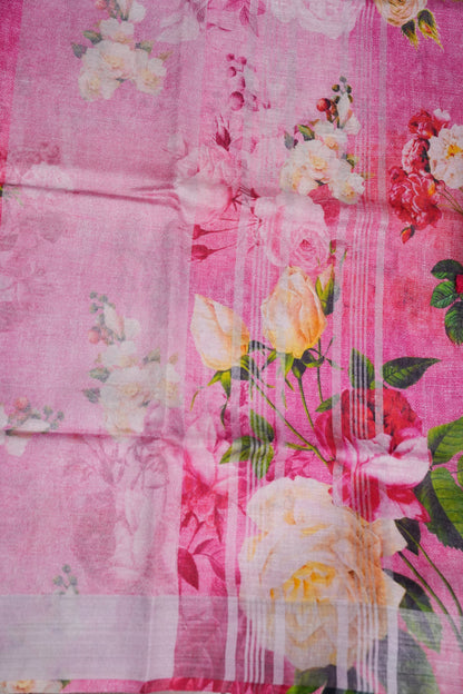 Digital Printed Pure Linen Saree - Pink