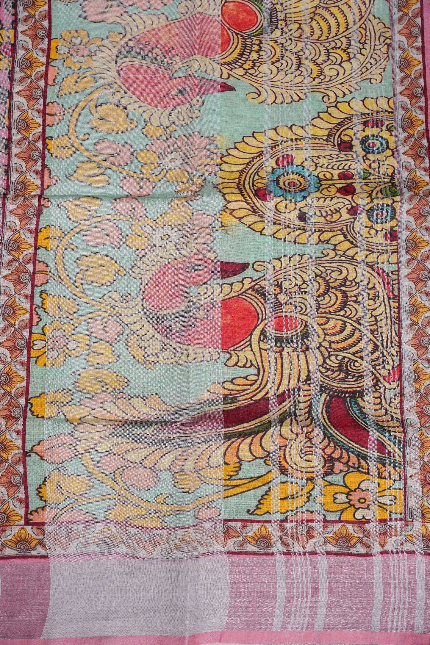 Digital Printed Pure Linen Saree - Baby Pink