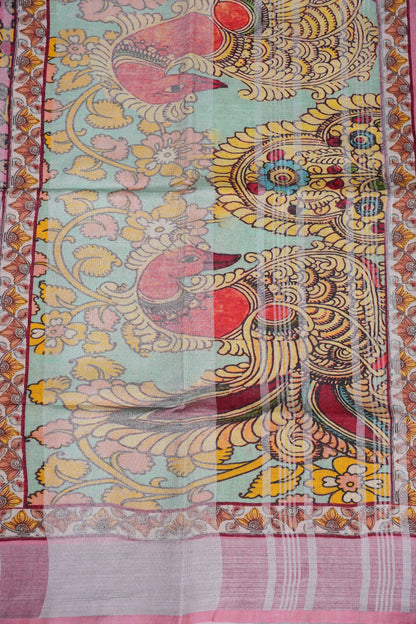 Digital Printed Pure Linen Saree - Baby Pink