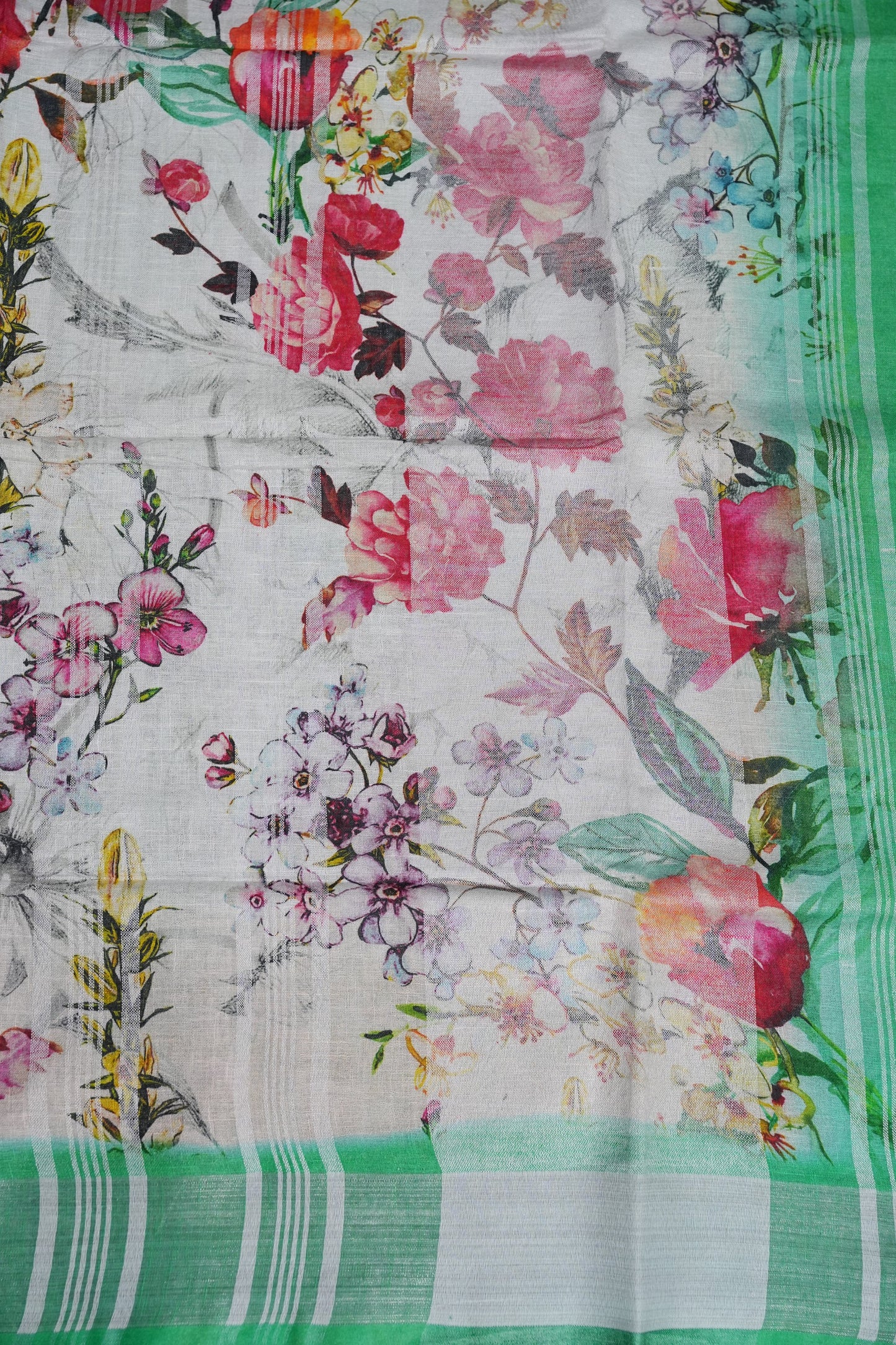 Digital Printed Pure Linen Saree - White