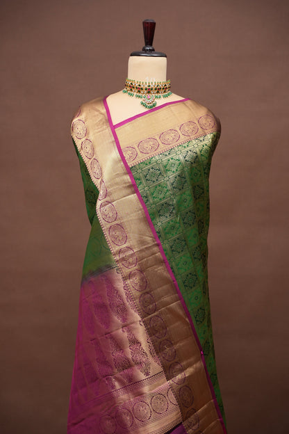 Pure Kanchipuram Silk Saree - Bottle Green & Magenta| Silk Mark Certified