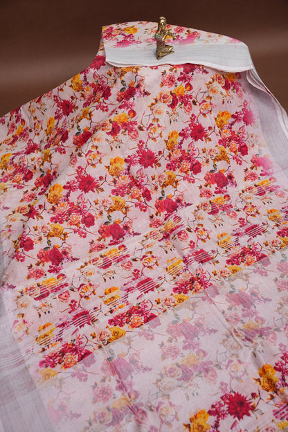 Digital Printed Pure Linen Saree - White