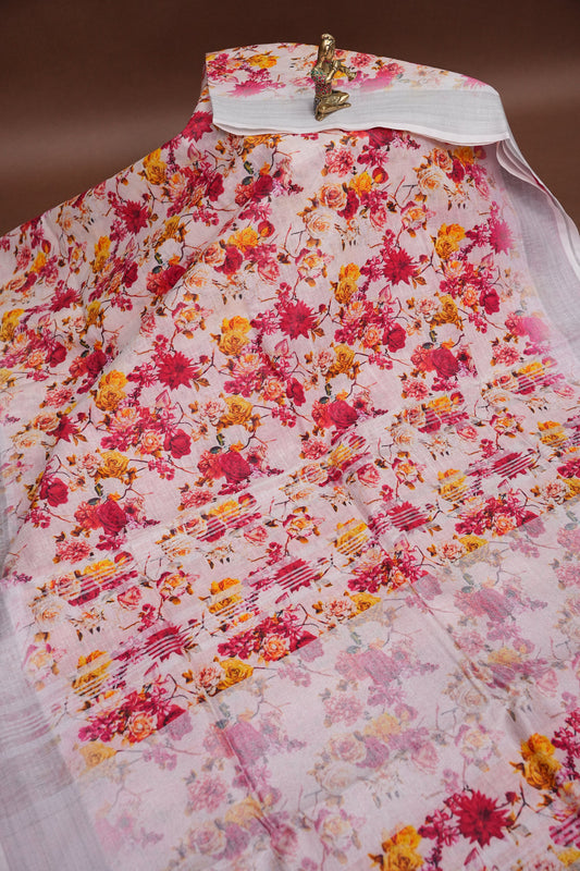 Digital Printed Pure Linen Saree - White