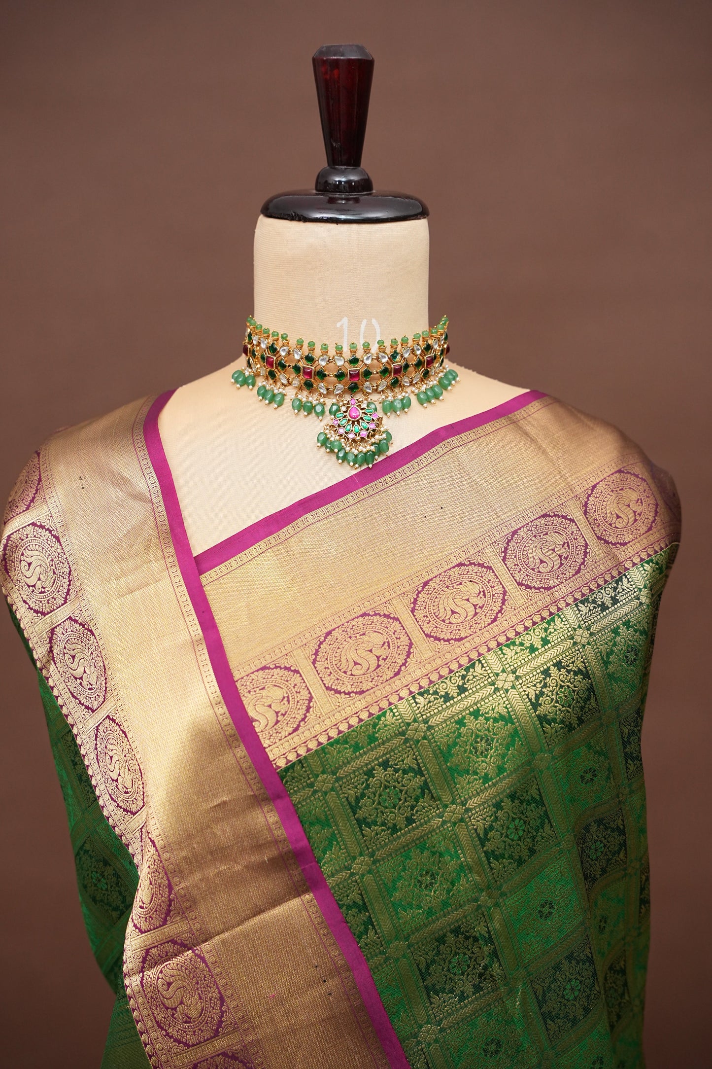 Pure Kanchipuram Silk Saree - Bottle Green & Magenta| Silk Mark Certified