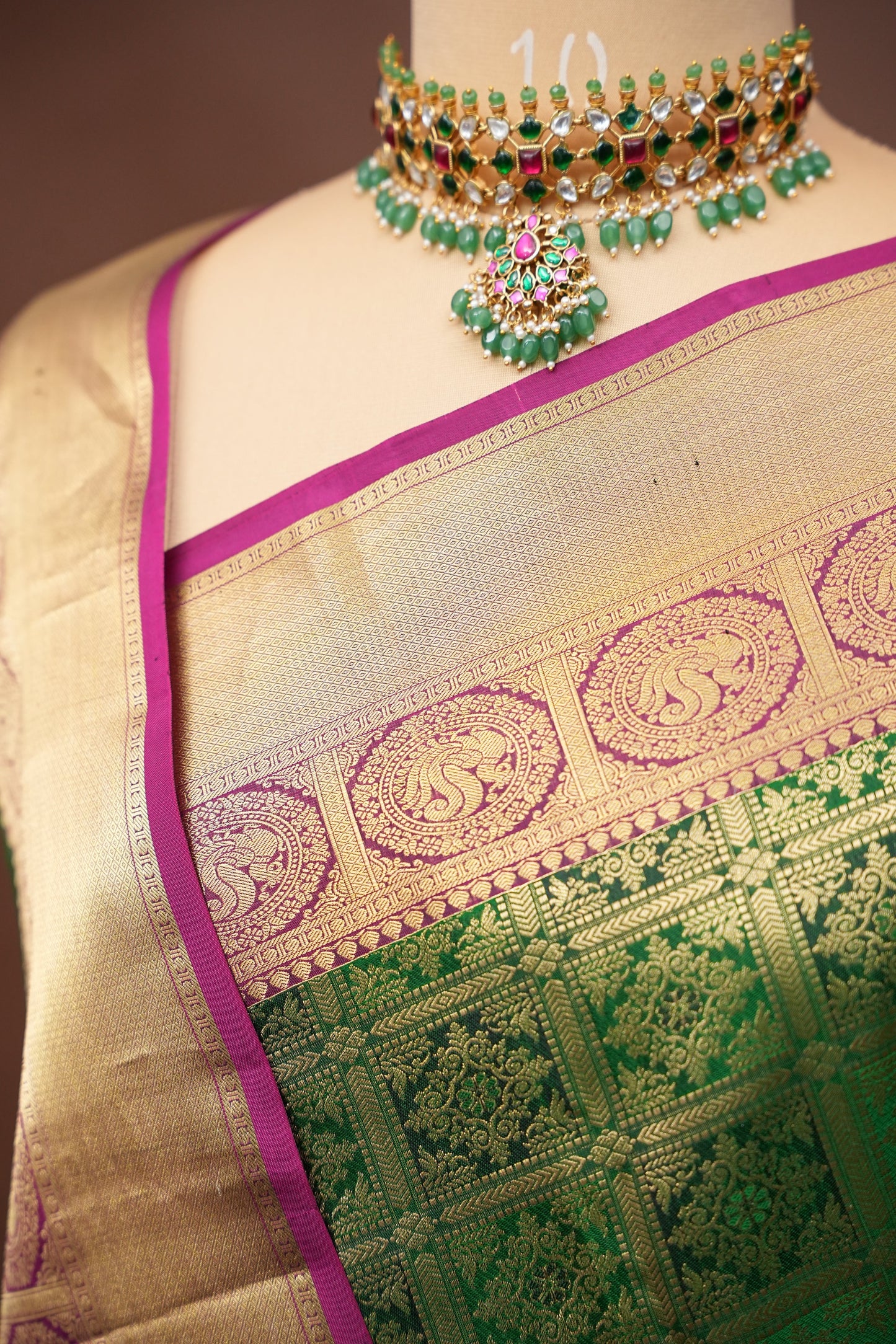 Pure Kanchipuram Silk Saree - Bottle Green & Magenta| Silk Mark Certified