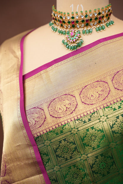 Pure Kanchipuram Silk Saree - Bottle Green & Magenta| Silk Mark Certified