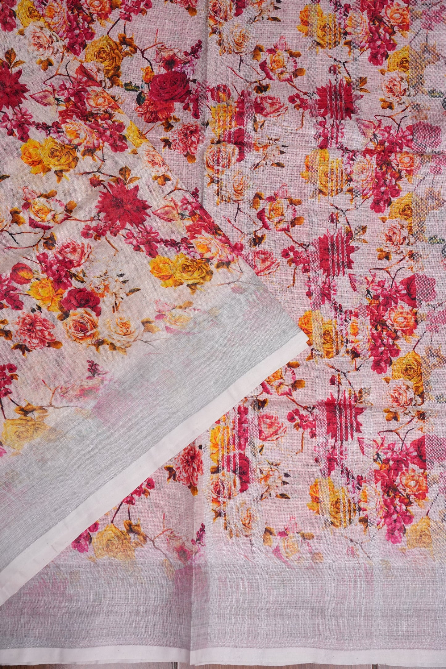 Digital Printed Pure Linen Saree - White