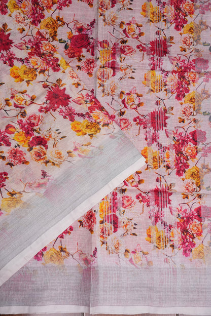 Digital Printed Pure Linen Saree - White