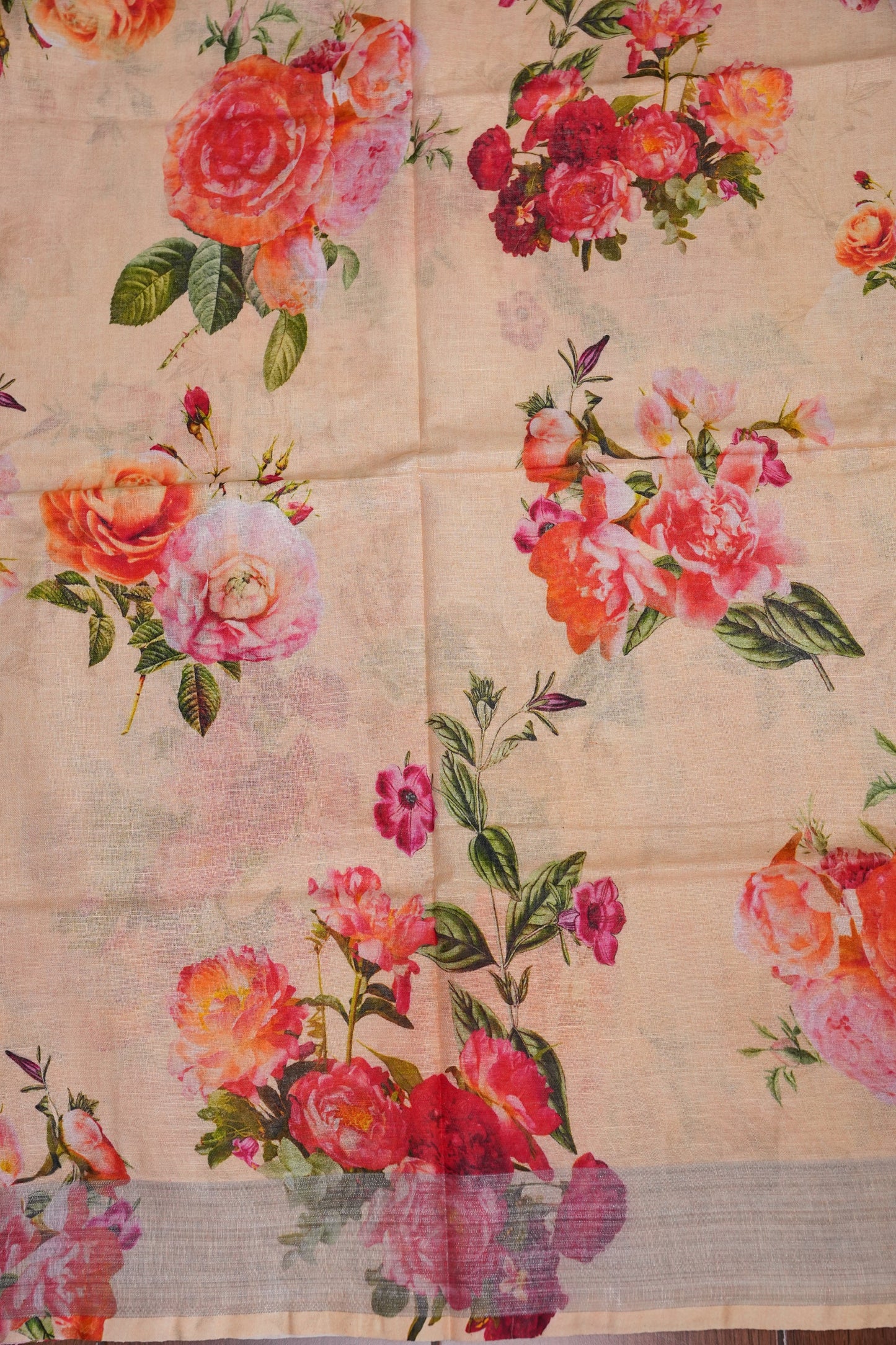 Digital Printed Pure Linen Saree - Beige