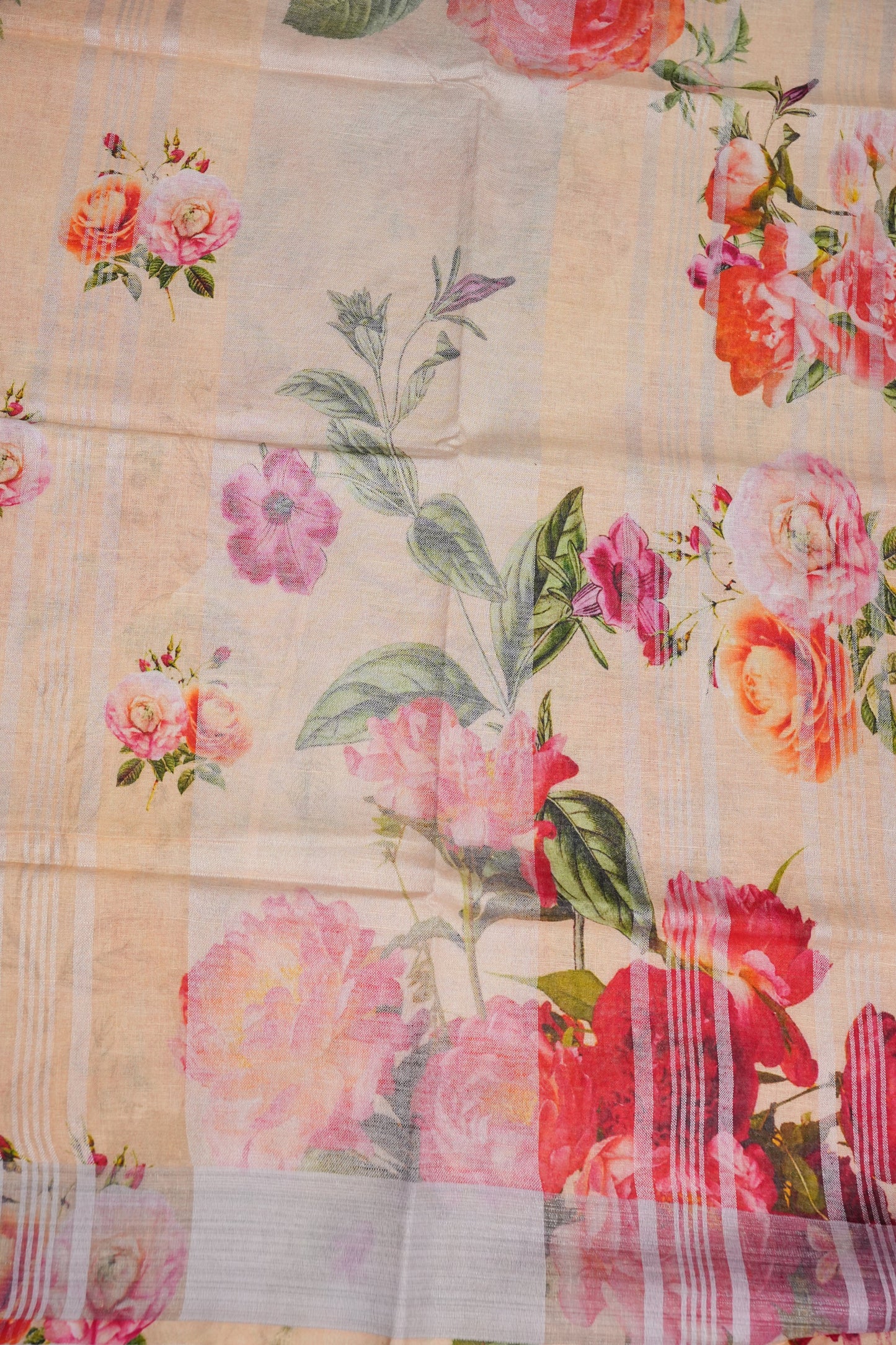 Digital Printed Pure Linen Saree - Beige
