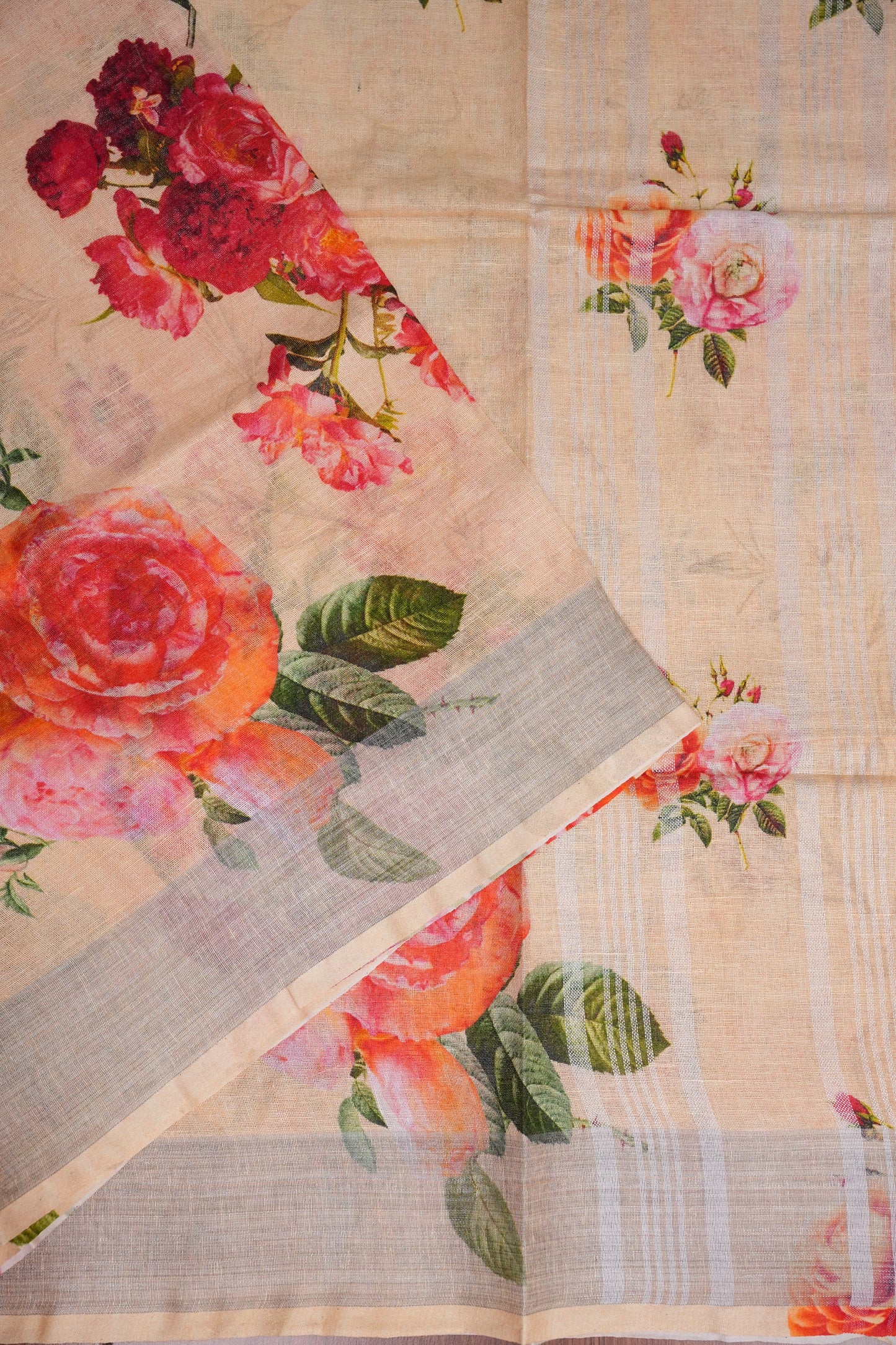 Digital Printed Pure Linen Saree - Beige
