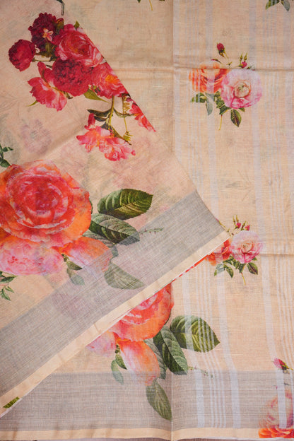Digital Printed Pure Linen Saree - Beige