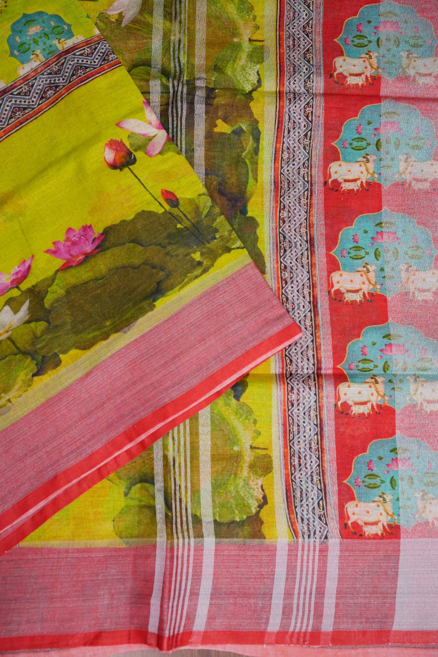 Digital Printed Pure Linen Saree - Parrot Green