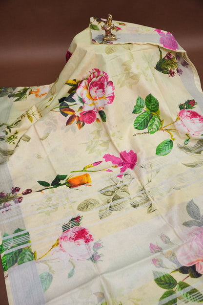 Digital Printed Pure Linen Saree - Beige