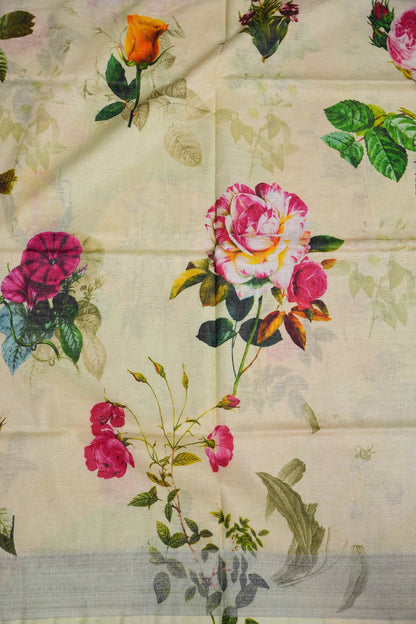 Digital Printed Pure Linen Saree - Beige