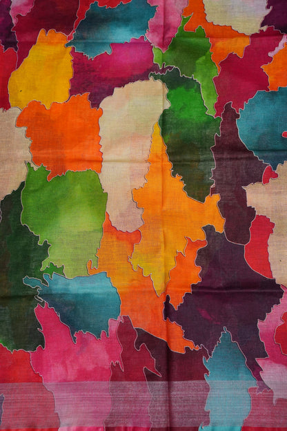 Digital Printed Pure Linen Saree - Multicolor