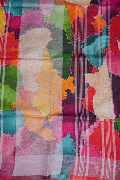 Digital Printed Pure Linen Saree - Multicolor