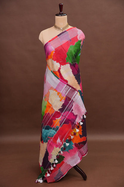 Digital Printed Pure Linen Saree - Multicolor