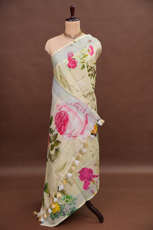 Digital Printed Pure Linen Saree - Beige