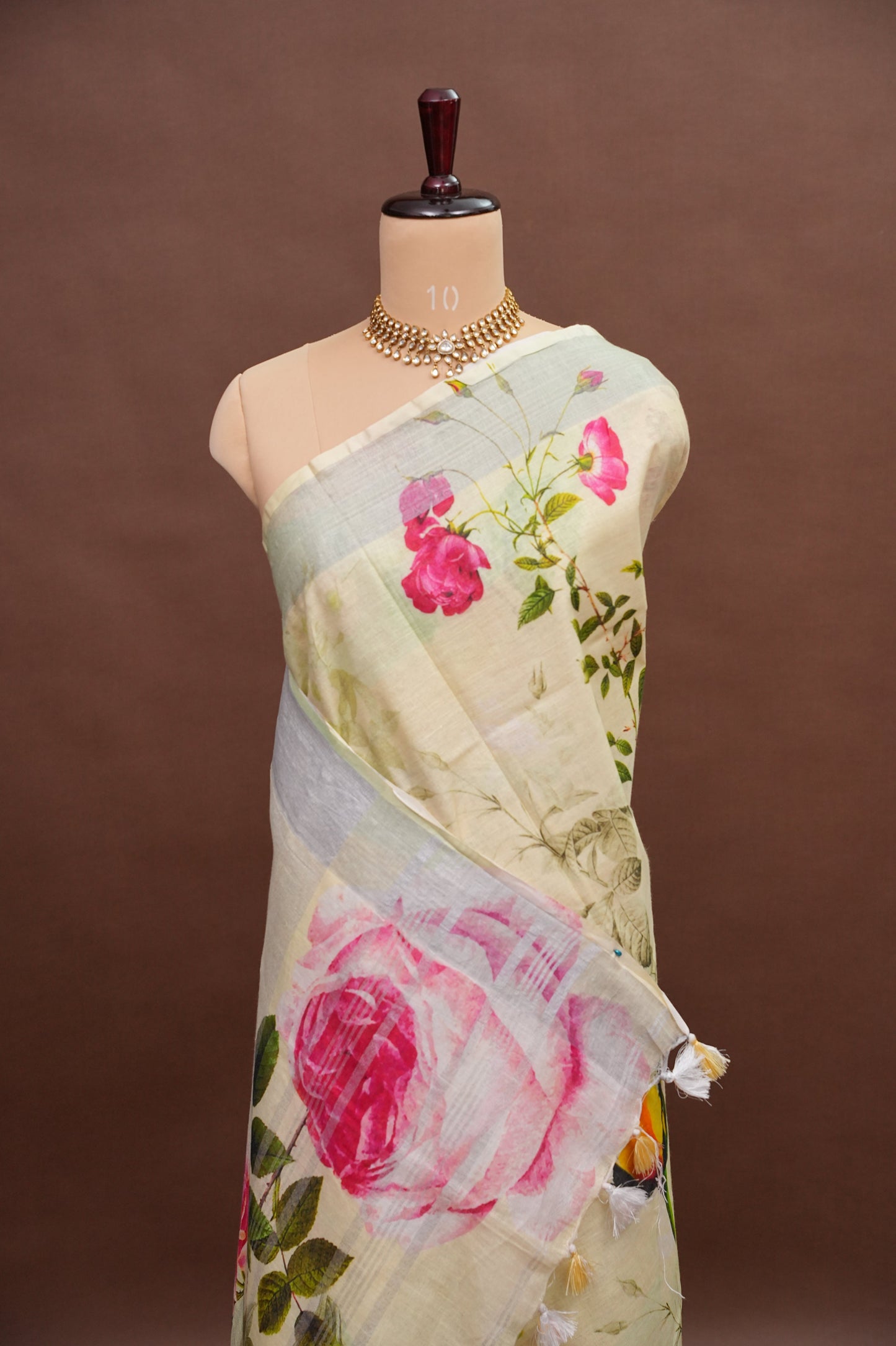 Digital Printed Pure Linen Saree - Beige