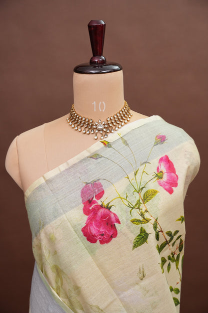 Digital Printed Pure Linen Saree - Beige