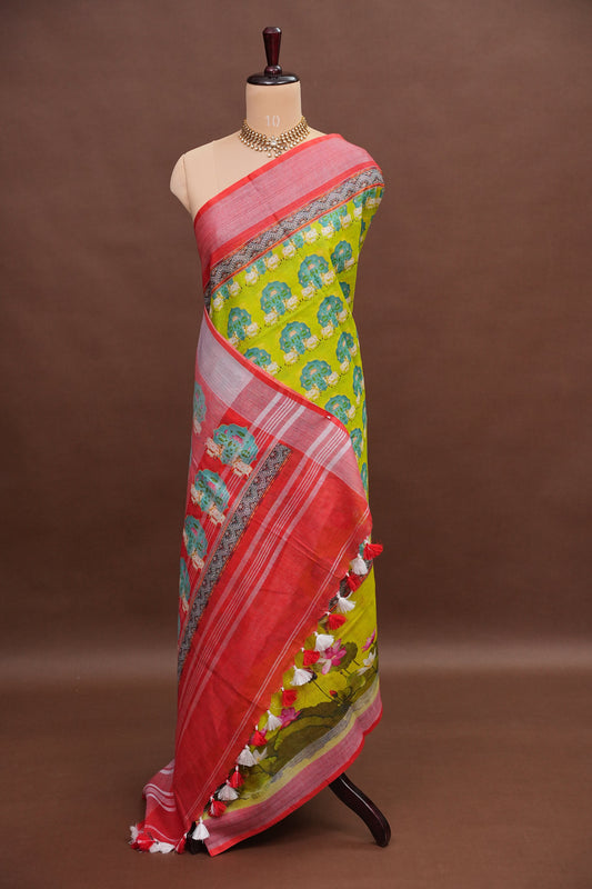 Digital Printed Pure Linen Saree - Parrot Green
