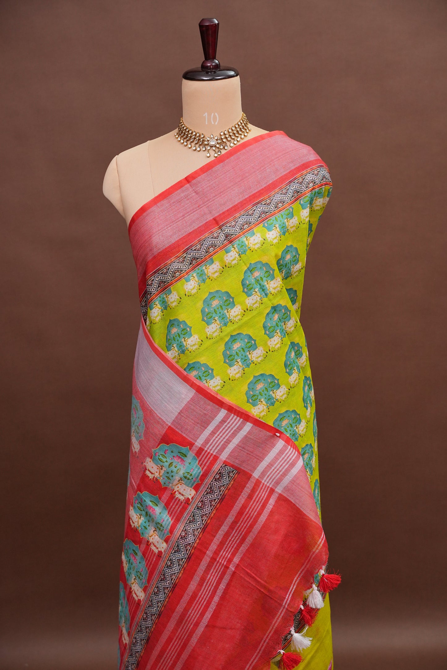 Digital Printed Pure Linen Saree - Parrot Green