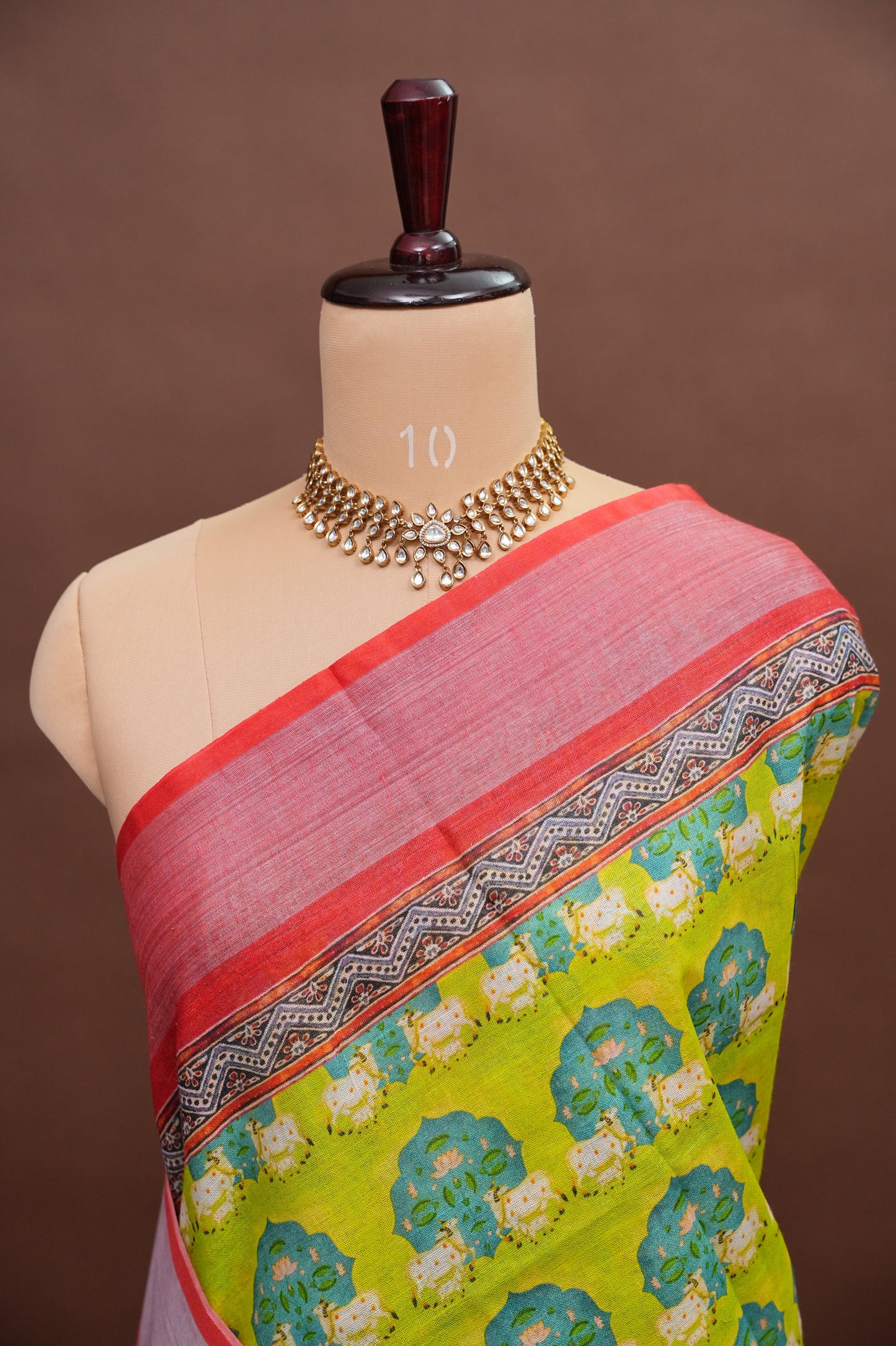 Digital Printed Pure Linen Saree - Parrot Green