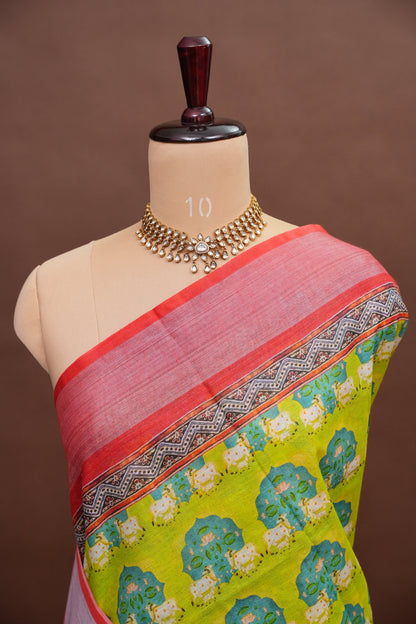 Digital Printed Pure Linen Saree - Parrot Green