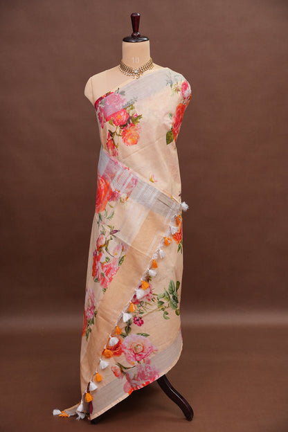 Digital Printed Pure Linen Saree - Beige