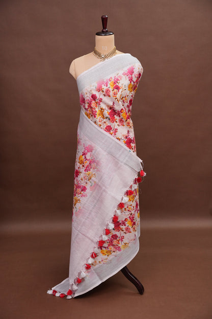 Digital Printed Pure Linen Saree - White