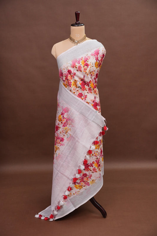 Digital Printed Pure Linen Saree - White