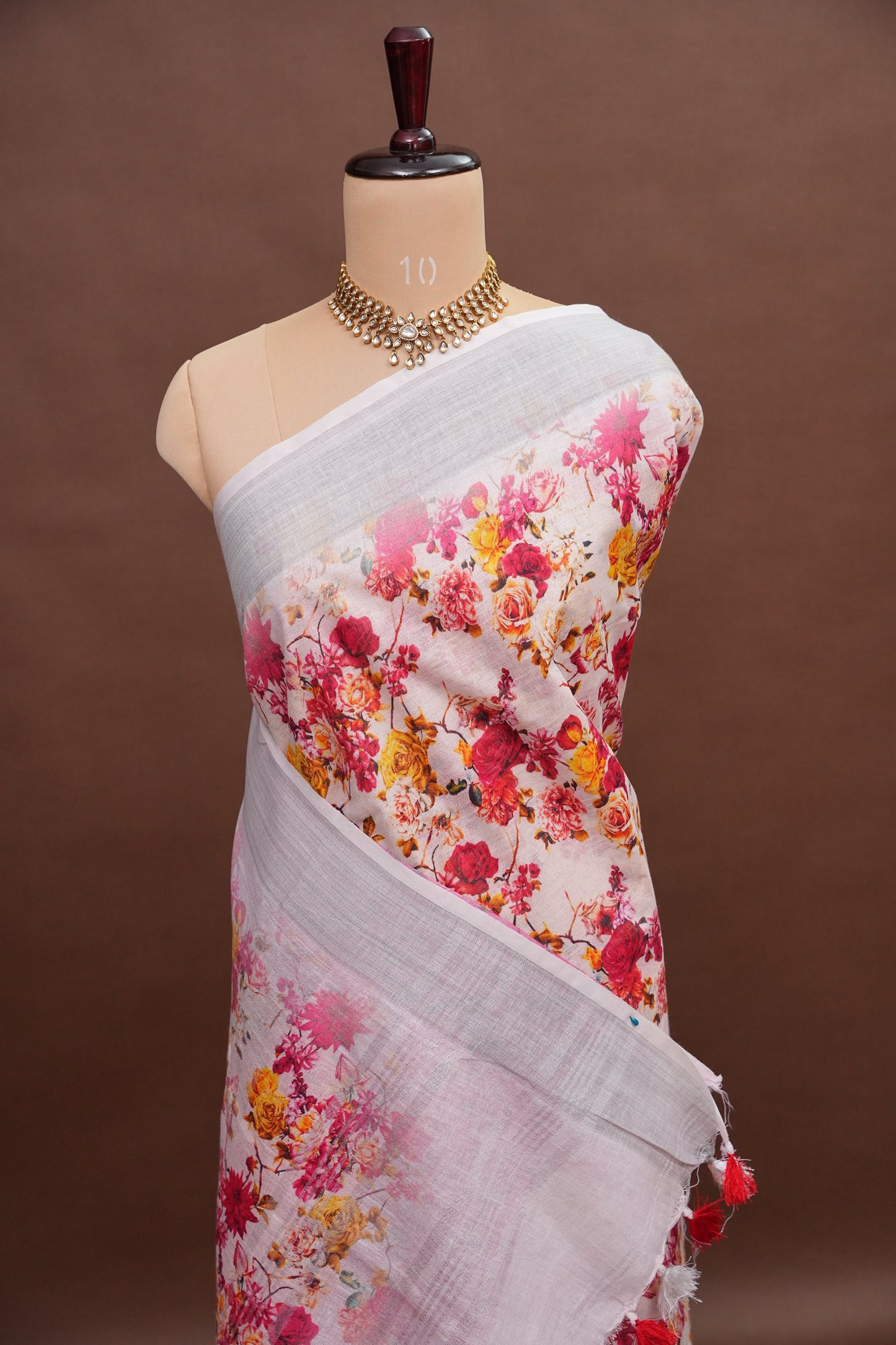Digital Printed Pure Linen Saree - White