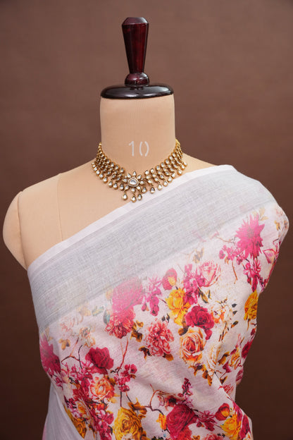 Digital Printed Pure Linen Saree - White