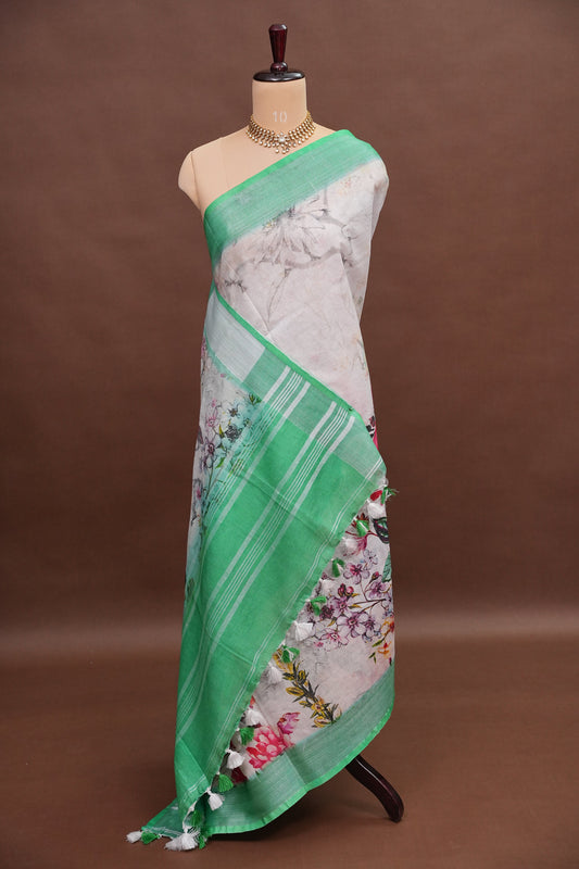 Digital Printed Pure Linen Saree - White