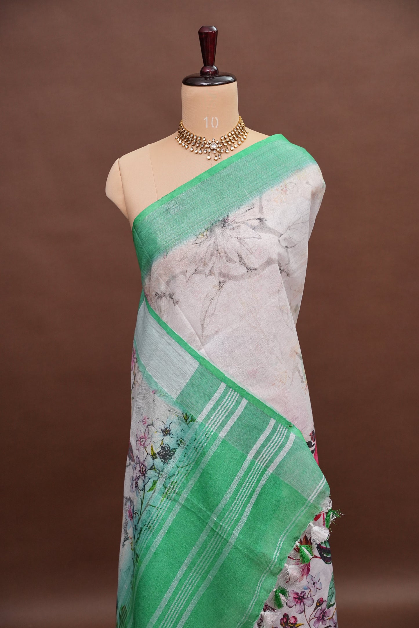 Digital Printed Pure Linen Saree - White