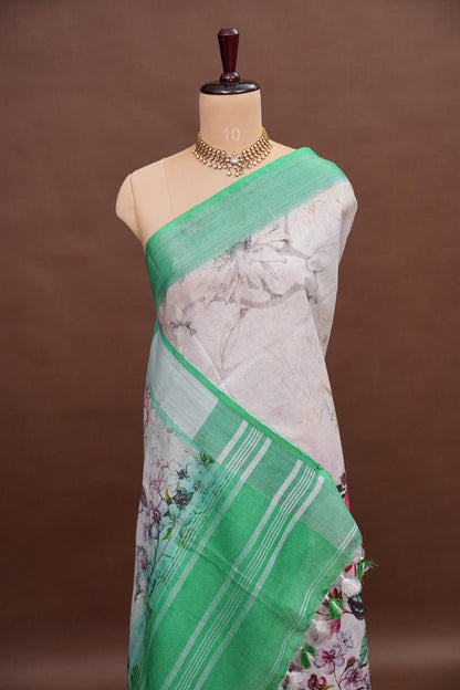 Digital Printed Pure Linen Saree - White