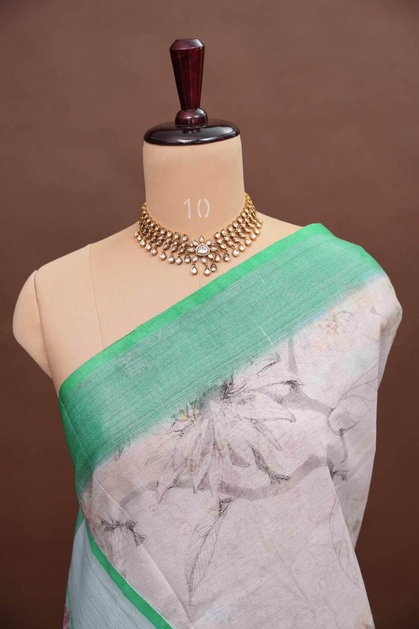 Digital Printed Pure Linen Saree - White