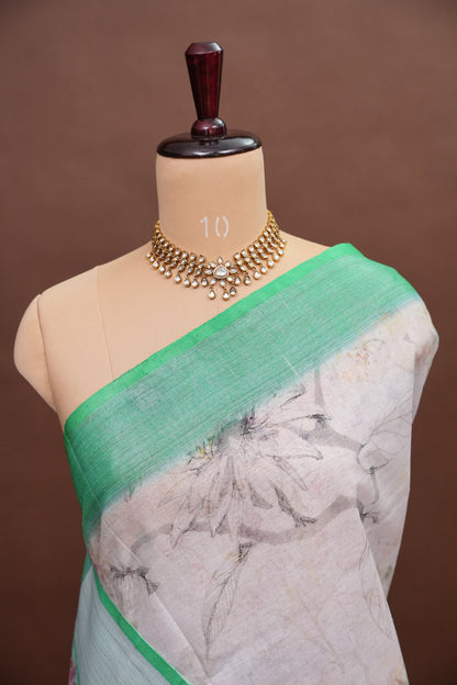 Digital Printed Pure Linen Saree - White