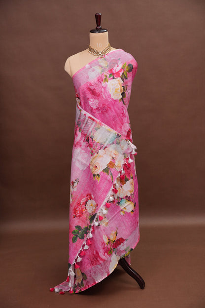 Digital Printed Pure Linen Saree - Pink