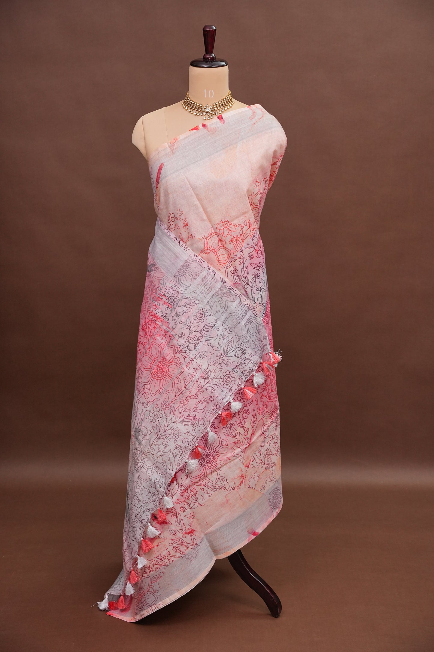 Digital Printed Pure Linen Saree - White