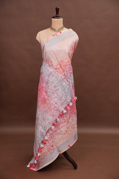 Digital Printed Pure Linen Saree - White