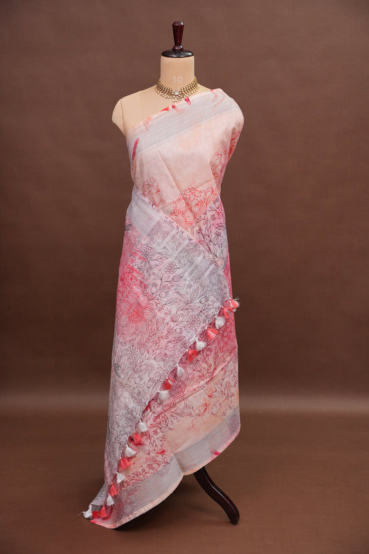 Digital Printed Pure Linen Saree - White