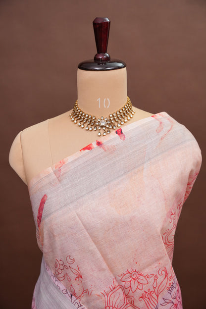 Digital Printed Pure Linen Saree - White